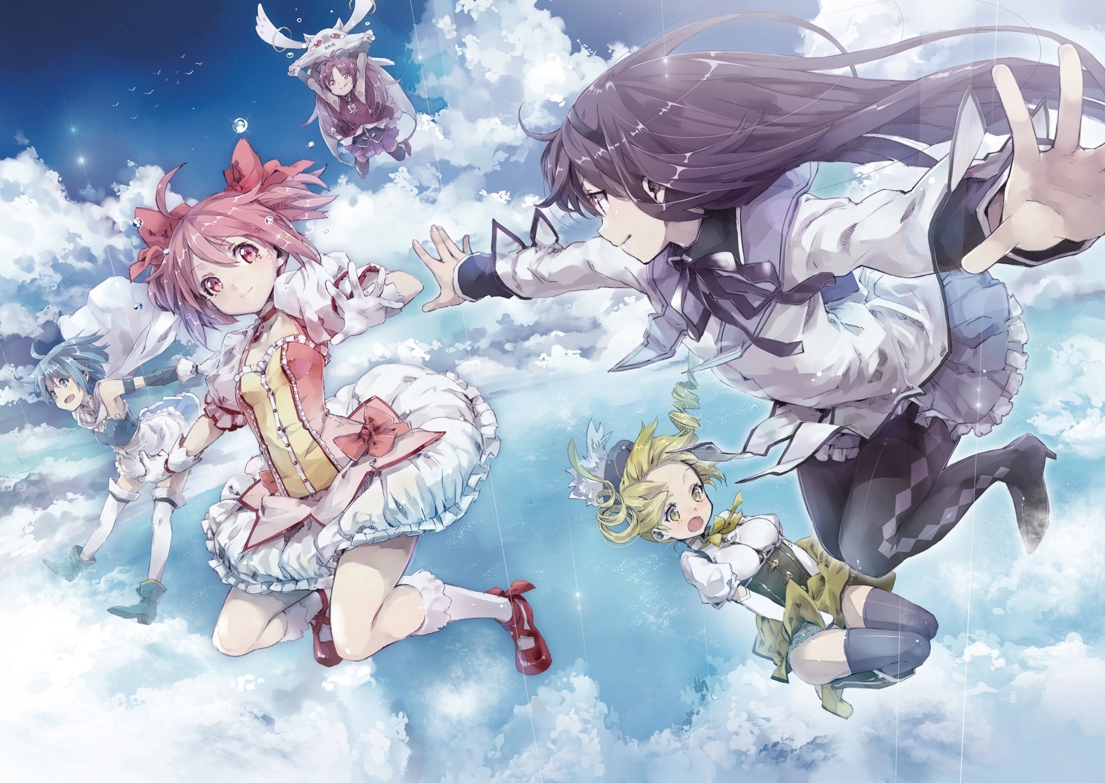 pelo rojo cielo pelo rosa nubes vestir kyuubee akemi homura thighhigh