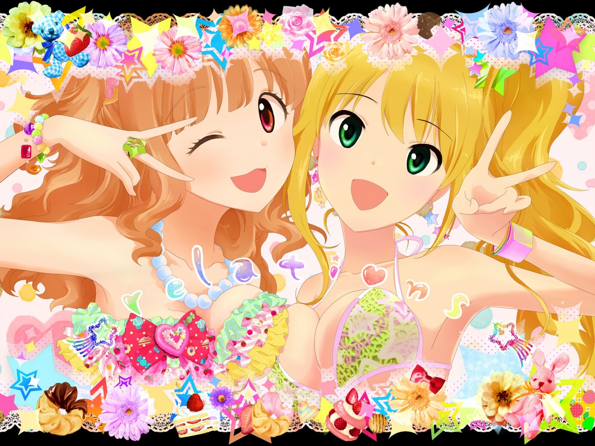 hoshii miki yeux bruns clin d oeil cheveux blonds 2girls bikini maillot de bain collier gâteau ours en peluche yeux verts queue nourriture cheveux bruns