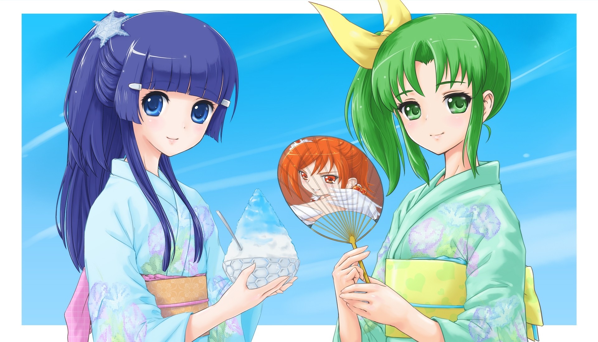 blue eyes short hair long hair fan green hair 2girls green eyes japanese clothes kimono tail blue hair