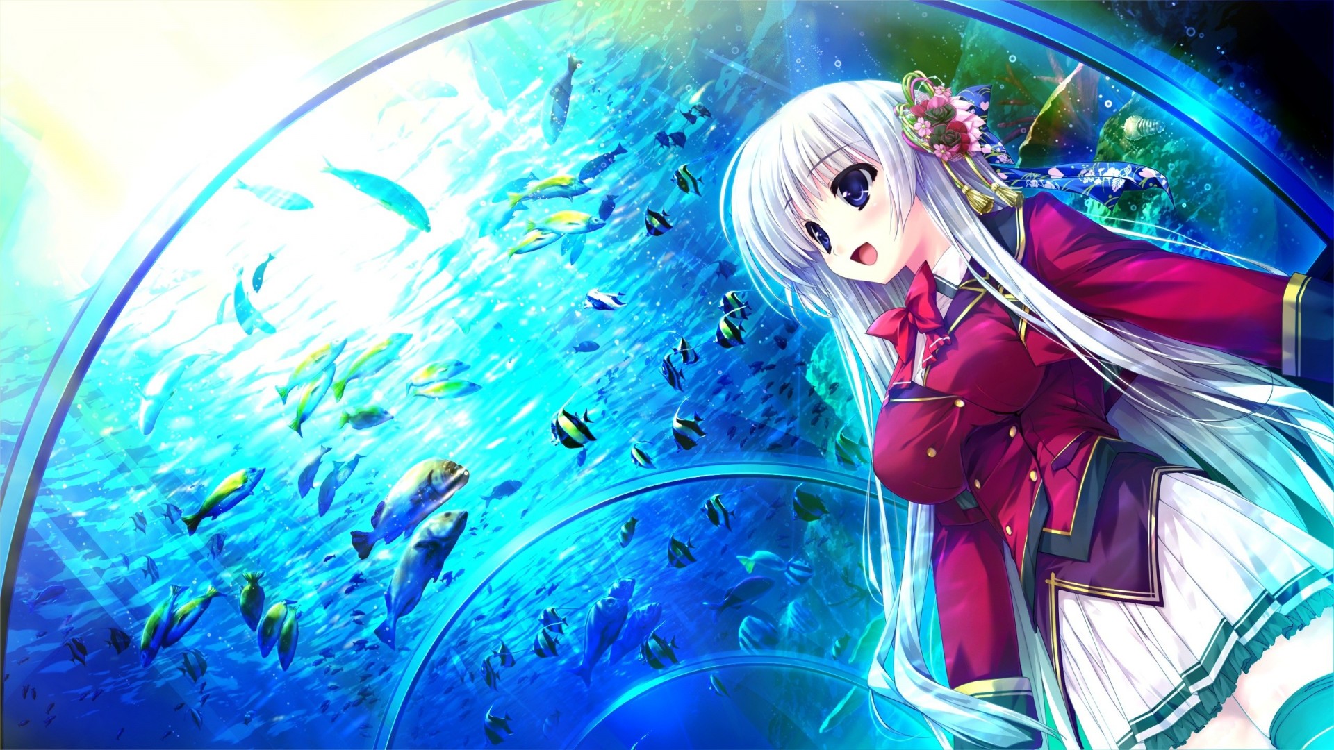 fish seifuku animals long hair white hair thighhigh