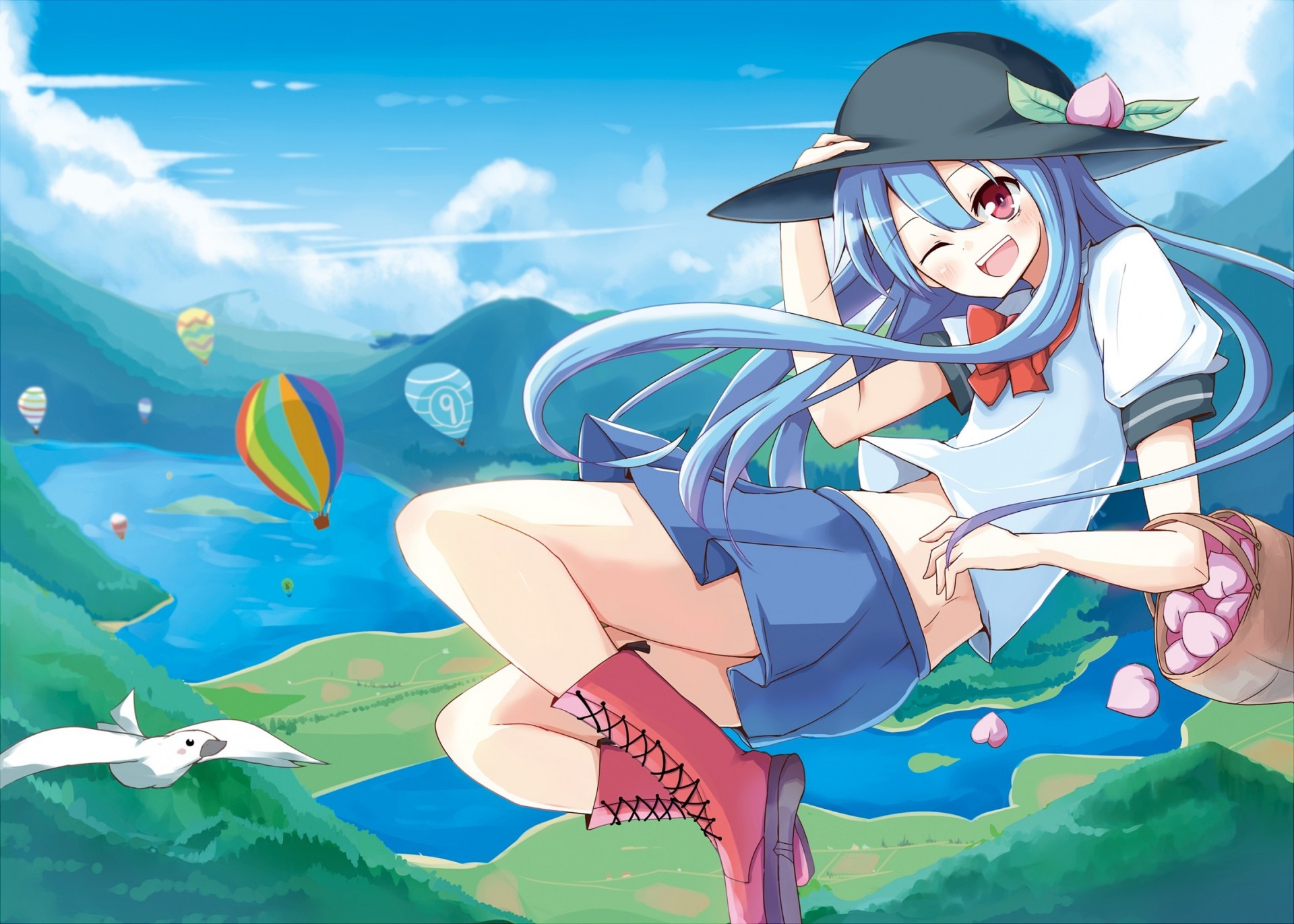 long hair hinanawi tenshi blush animals hat red eyes blue hair birds beautiful