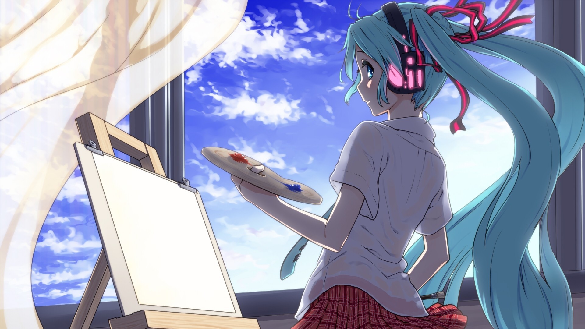 cielo pelo largo hatsune miku nubes twintails auriculares