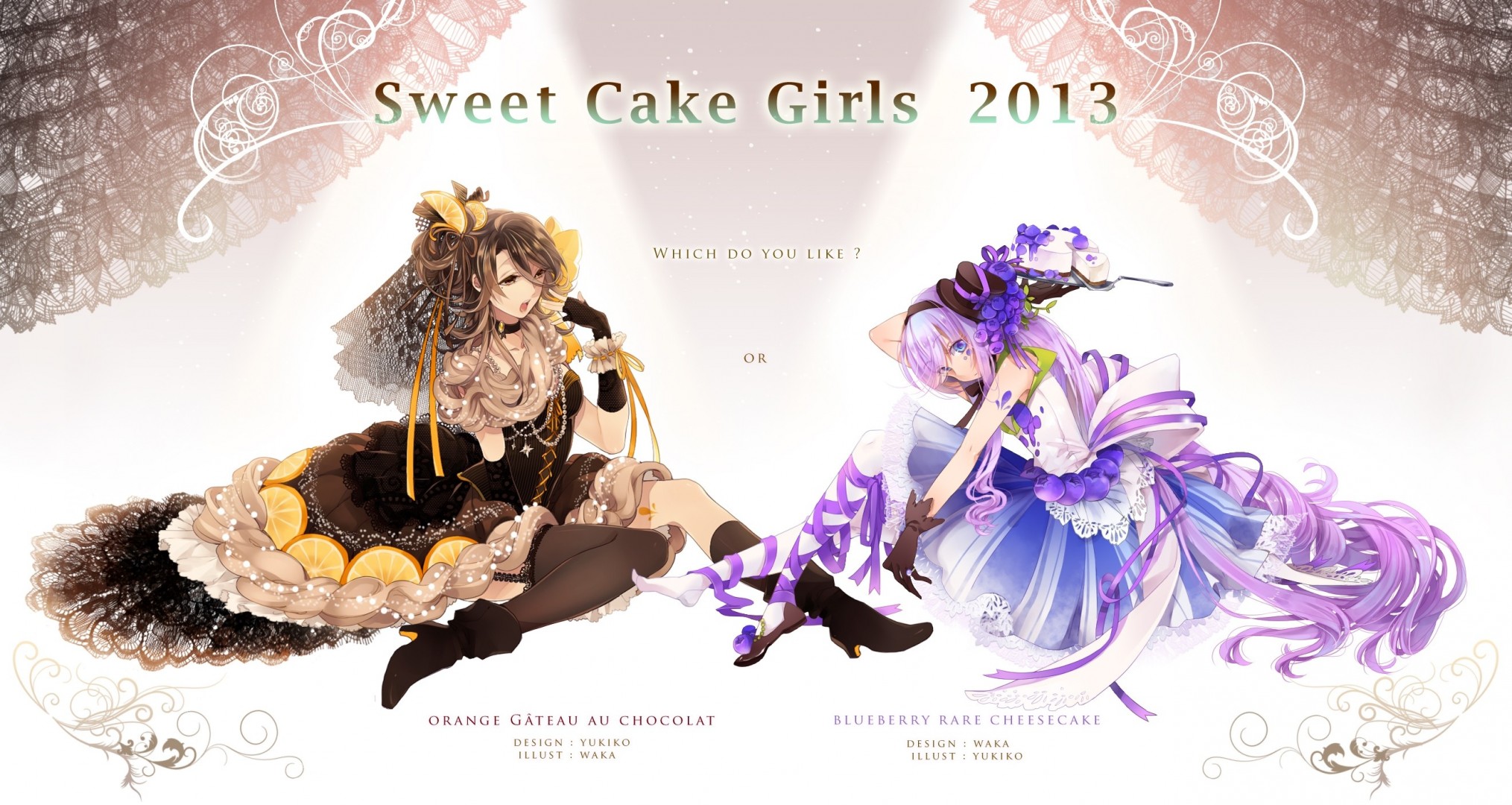 blue eyes brown eyes hat gloves purple hair long hair cake 2girls stockings dress food brown hair