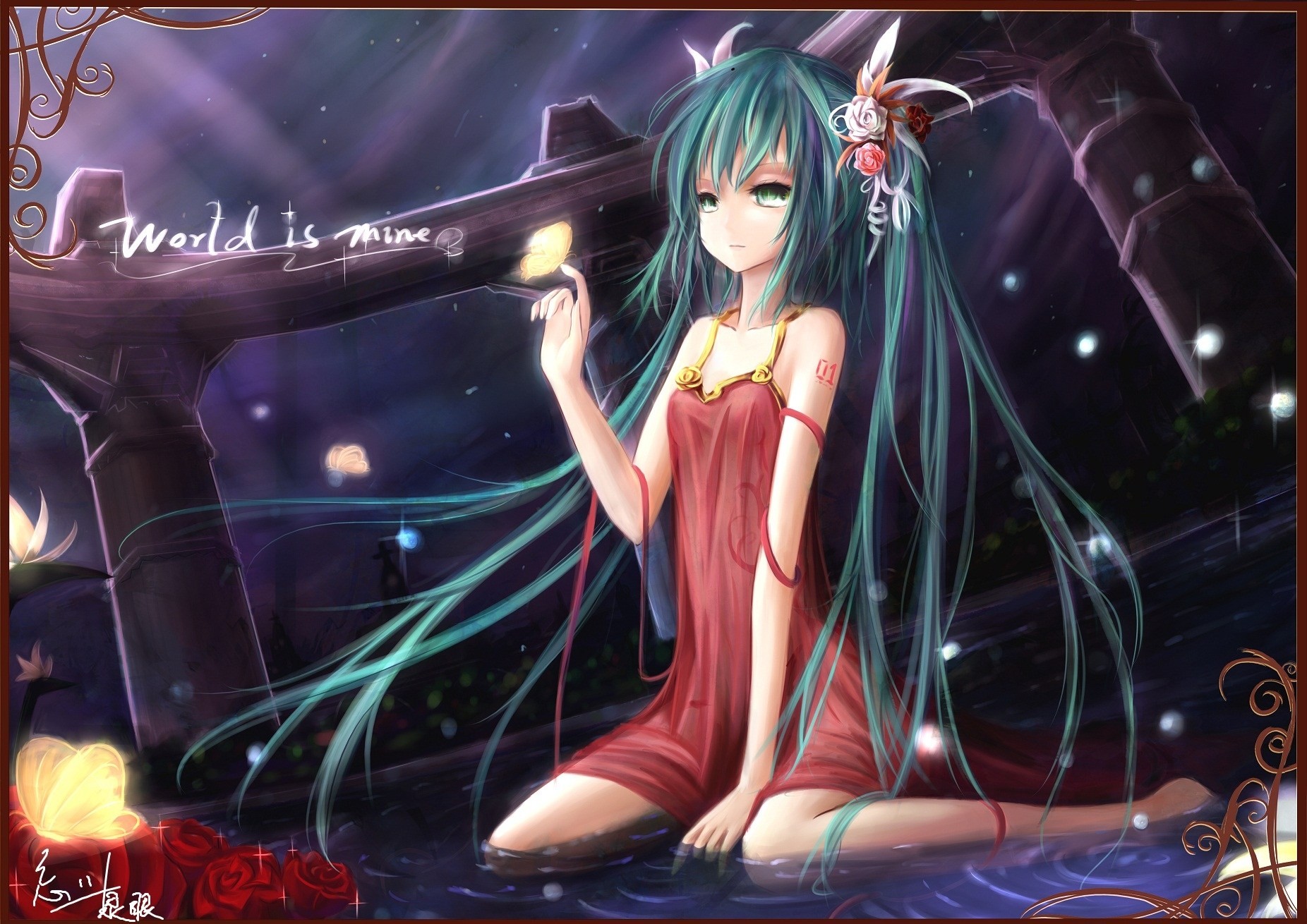 wet light long hair twintails water flower hatsune miku