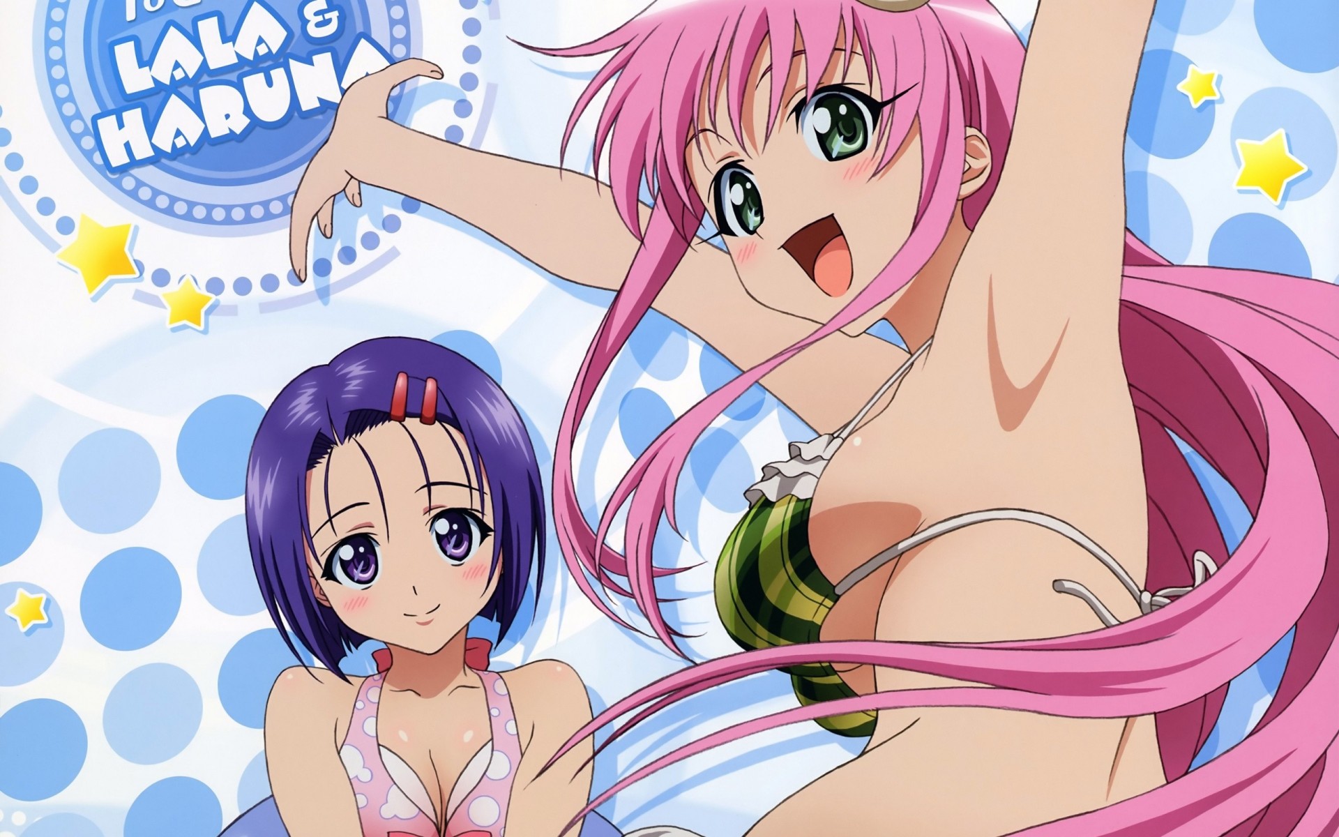 hort hair pink hair sairenji haruna long hair blush bikini swimsuit purple hair lala satalin deviluke purple eye