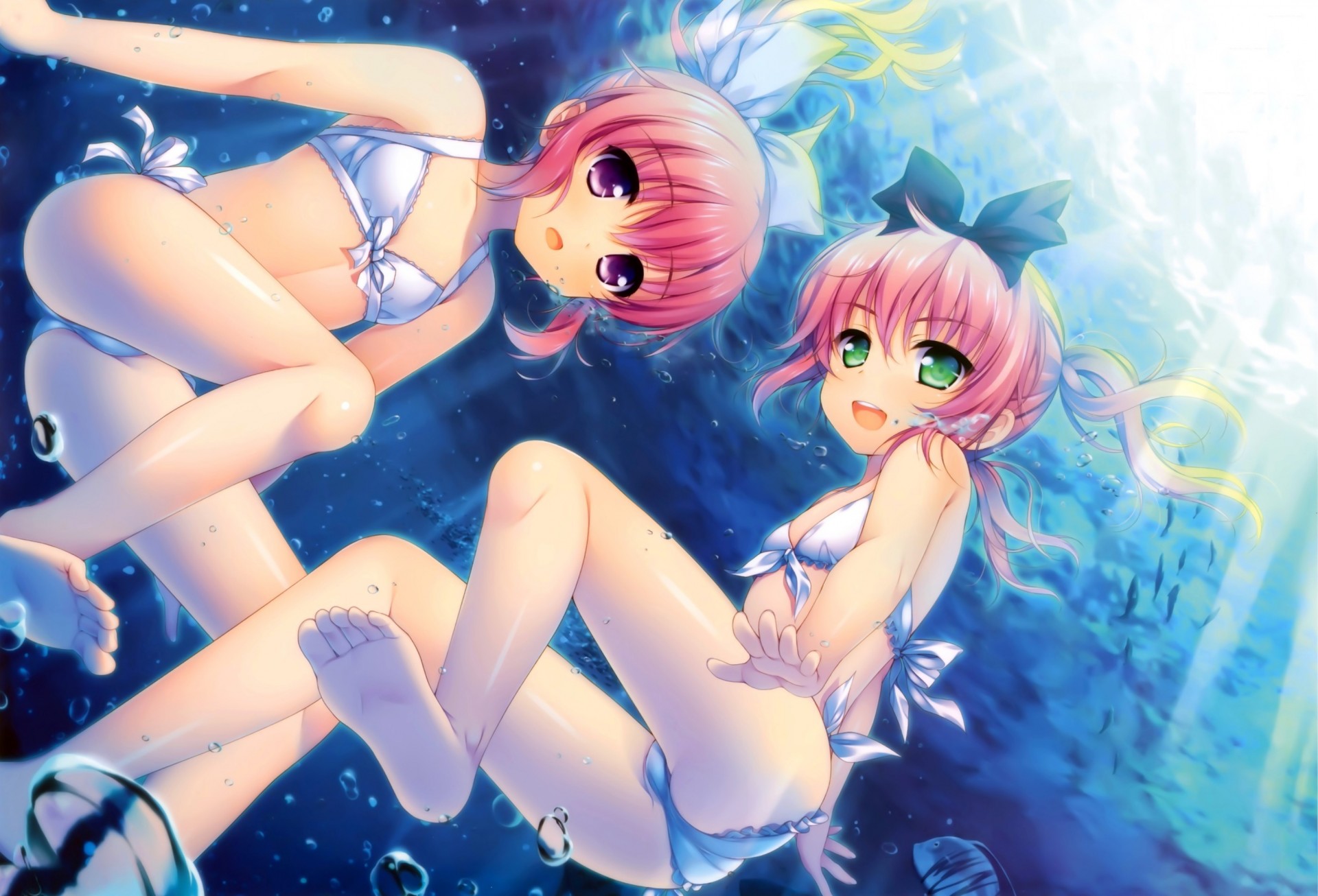 underwater pink hair loli barefoot short hair torment bikini swimsuit long hair tagme character green eyes purple eyes 2girl