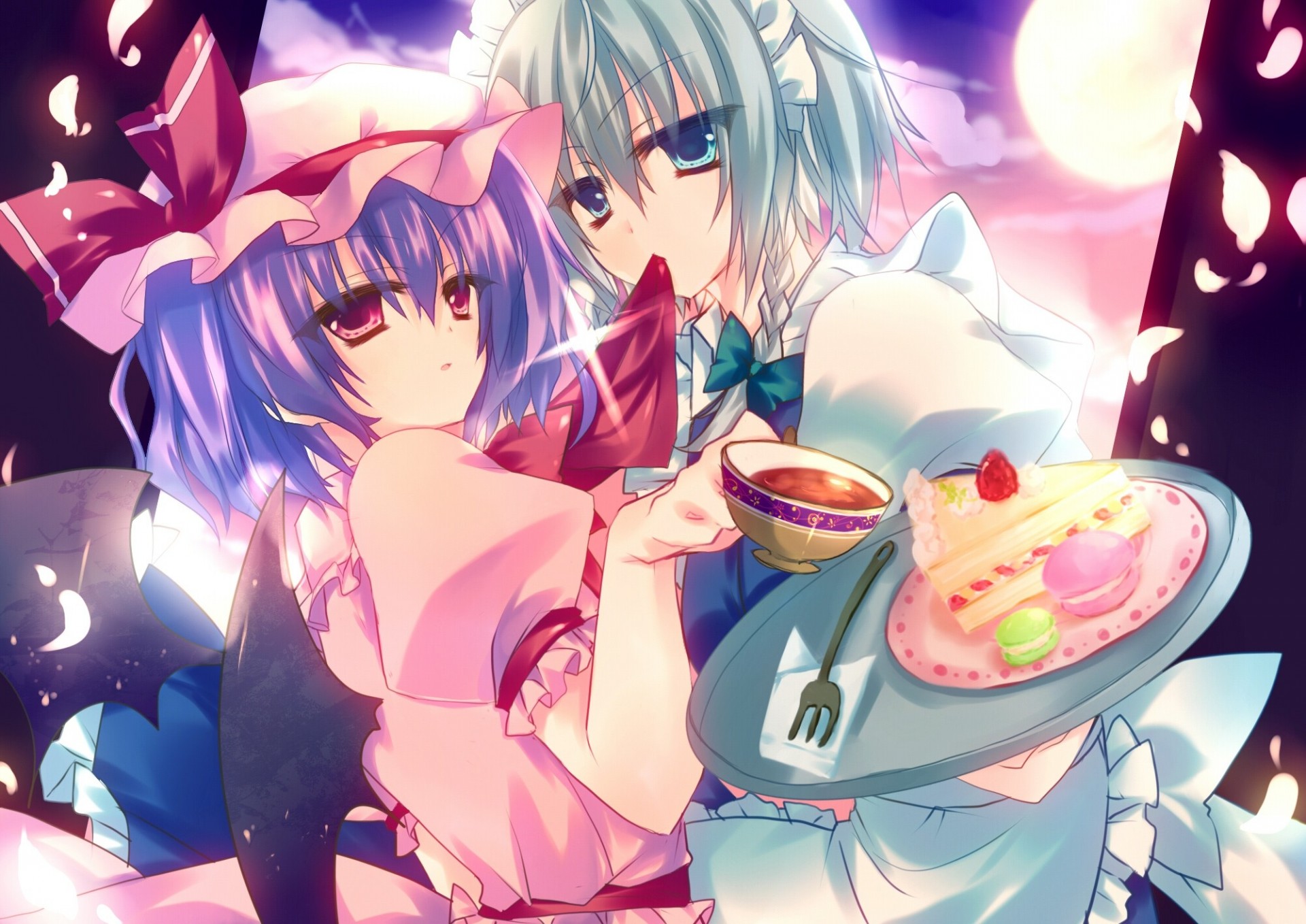 blue eyes short hair spit petals hat white hair izayoi sakuya red eyes strawberry cake 2girls moon food wings remilia scarlet blue hair