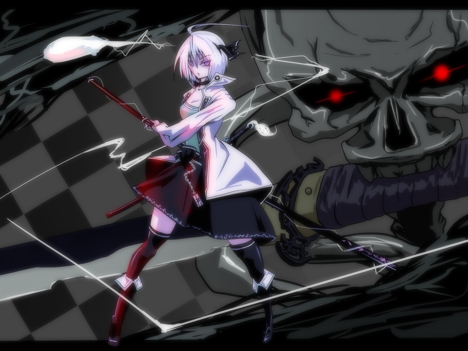 necklace short hair enzo red eyes weapon purple eyes katana konpaku youmu sword white hair