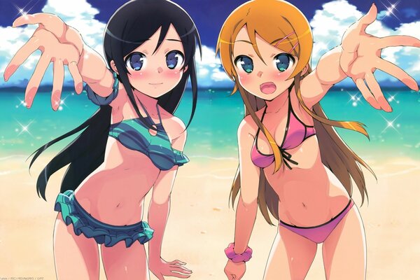 Two girlfriends on the beach in swimsuits