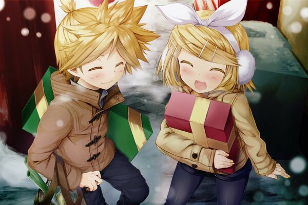 Мальчик с девочкой стоят под снегом и держат в руках подарочные коробки