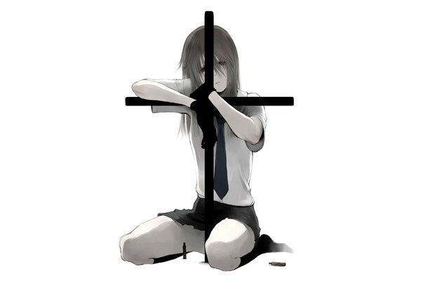 Art girl in a tie with a cross