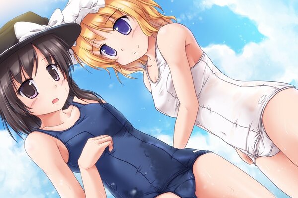 Two girls with short hair and in closed swimsuits are confused