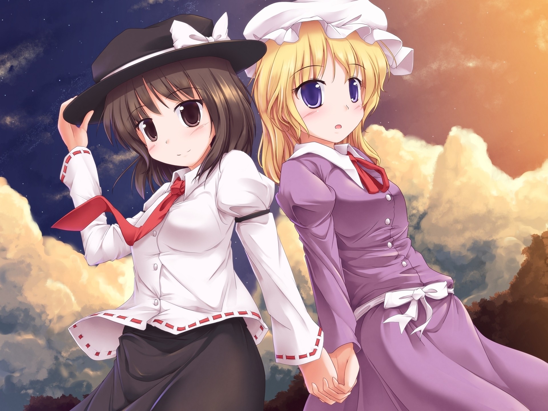 ky blue eyes brown eyes blonde hair hat blush clouds sunset 2girls dress bind brown hair