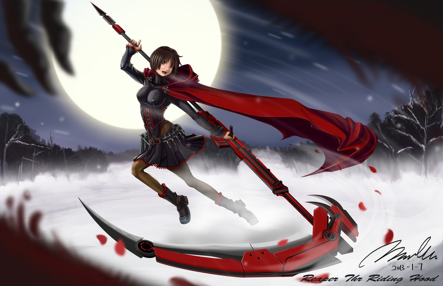 ruby boots petals snow cape gray eyes skirt red rose weapon moon flower winter brown hair