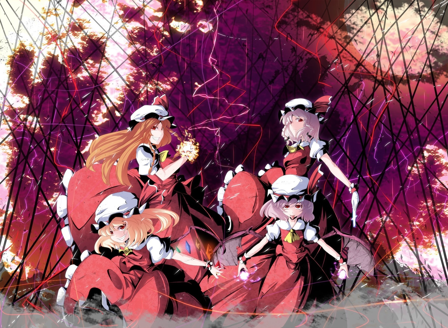 knife short hair spit tapes the group blonde hair hat white hair cosplay bat izayoi sakuya red eyes long hair moon gloves dress flanders scarlet torment remilia scarlet