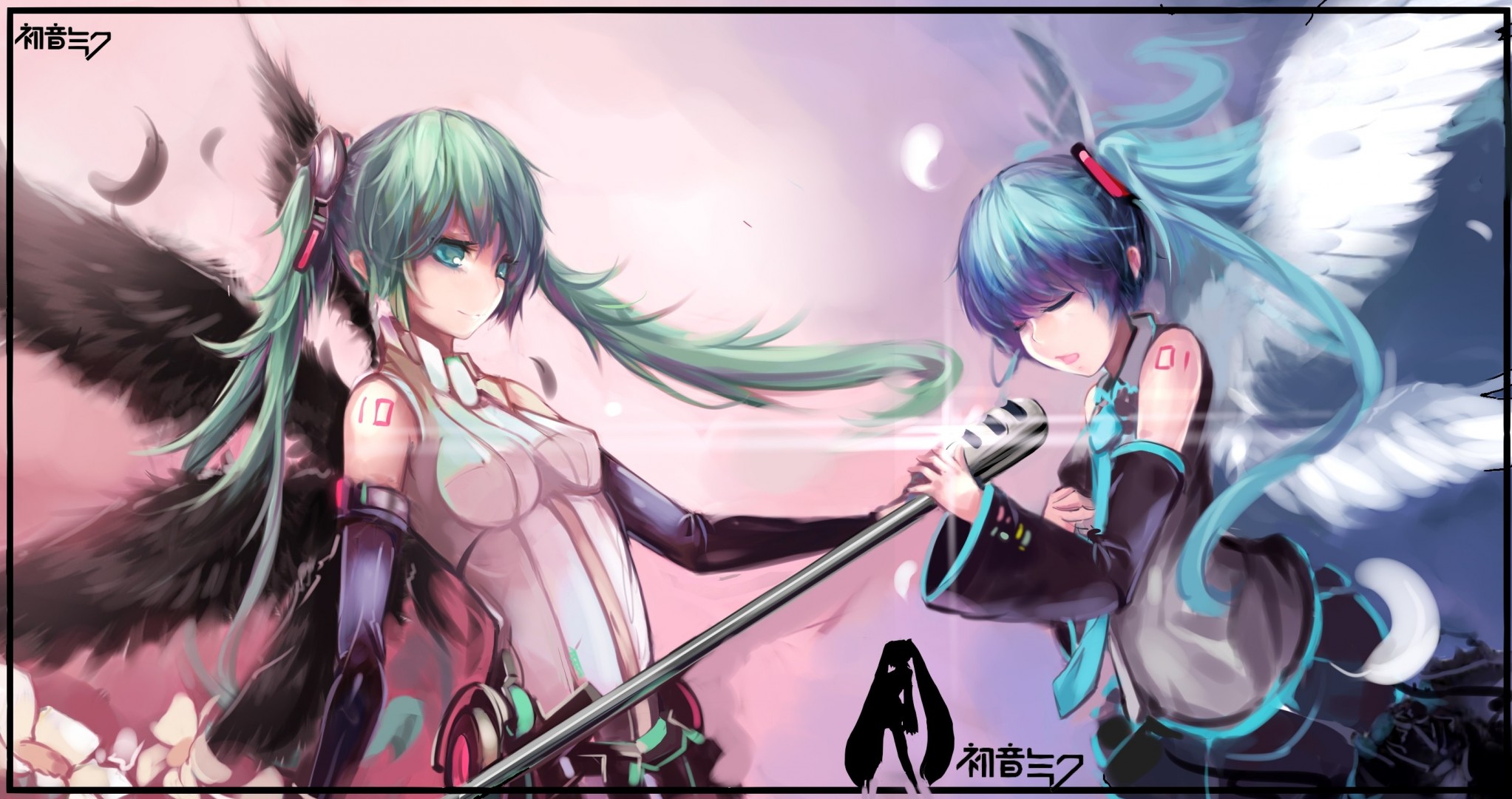 plumes cheveux longs hatsune miku twintails 2girls microphone attacher ailes