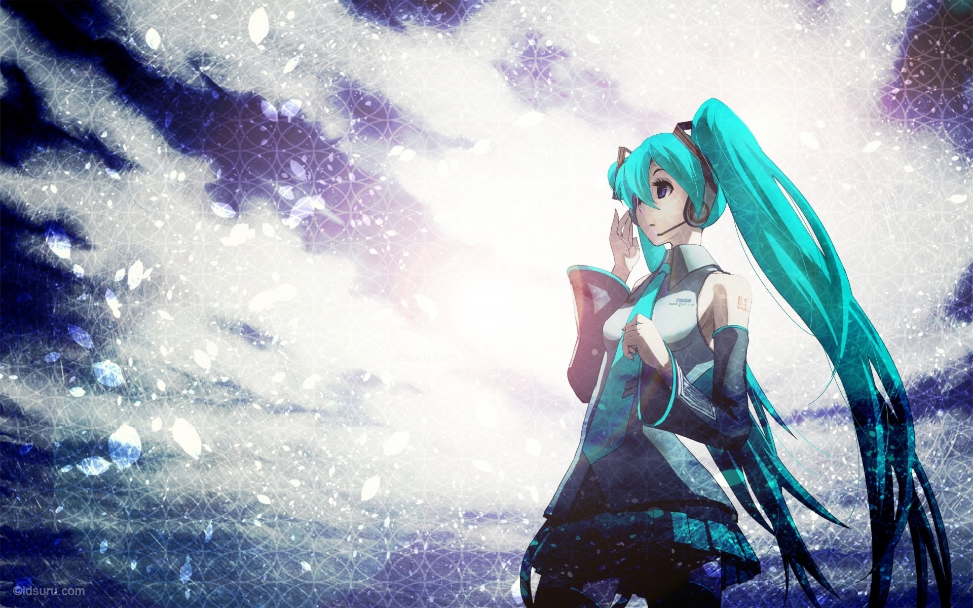 yeux bleus jupe twintails cheveux longs microphone attacher hatsune miku thighhigh