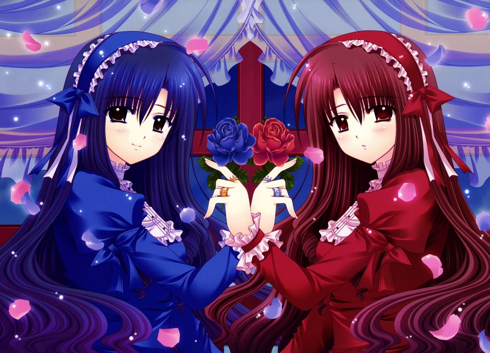 red hair brown eyes petals long hair rose red eyes 2girls flower headwear blue hair