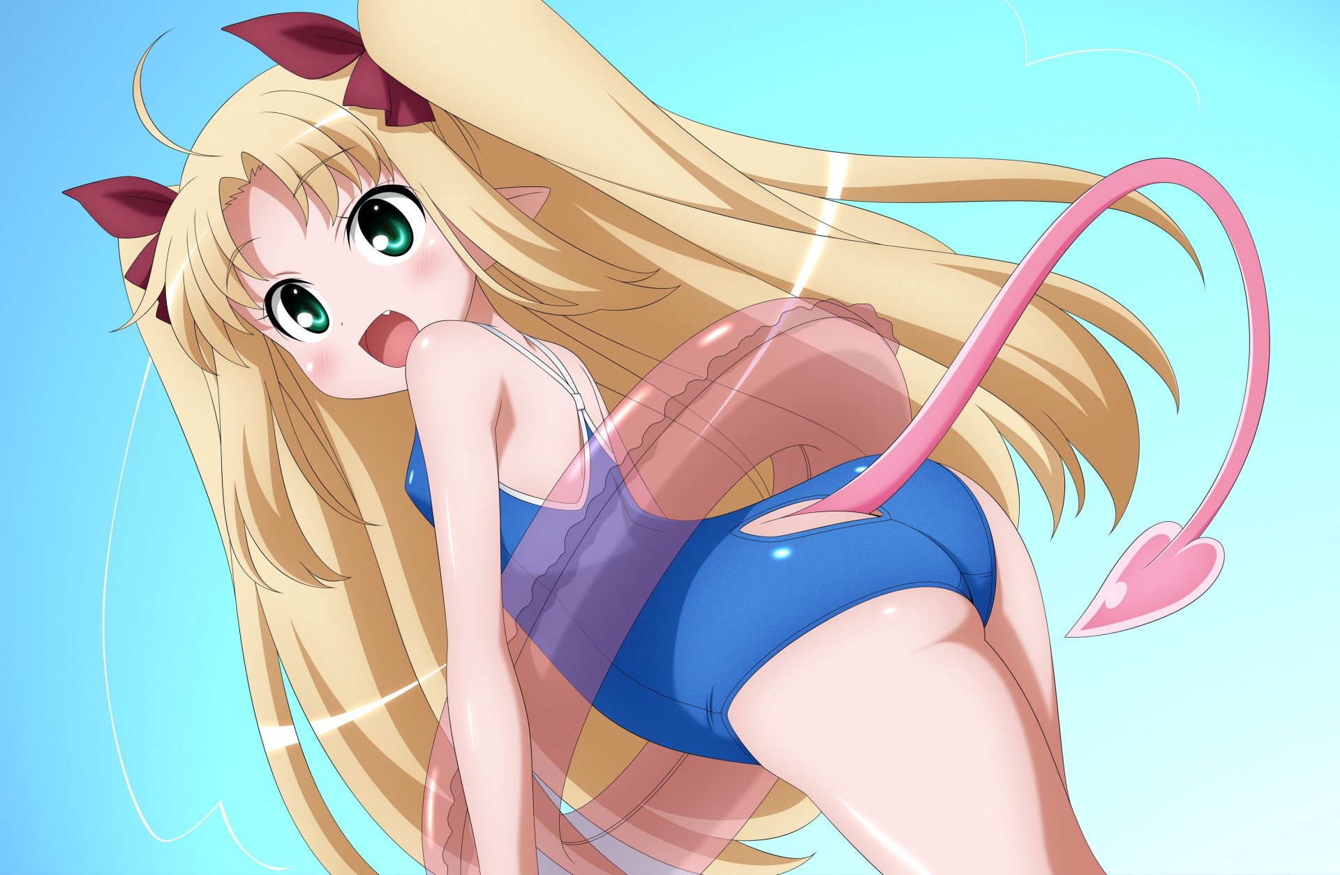 loli blonde hair blush succubus swimsuit green eyes long hair fang of the tube torment tail