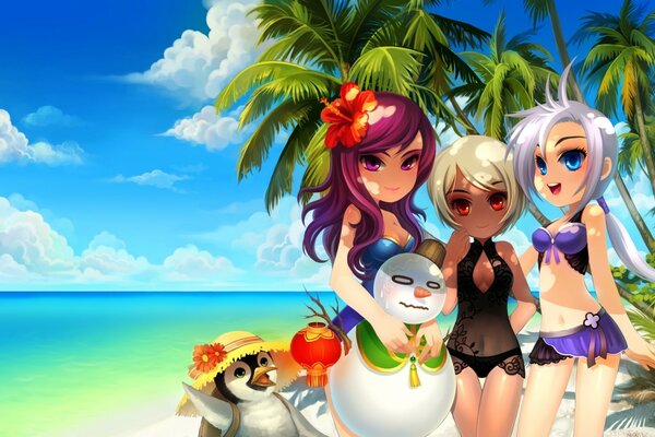 Три девушки в купальниках на пляже с пингвином
