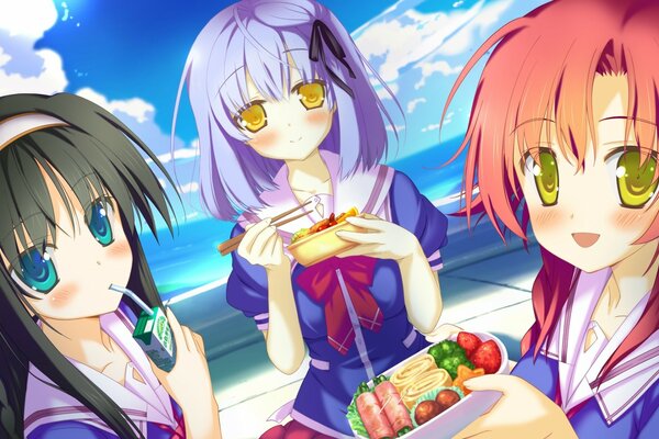 Three anime girls on a picnic