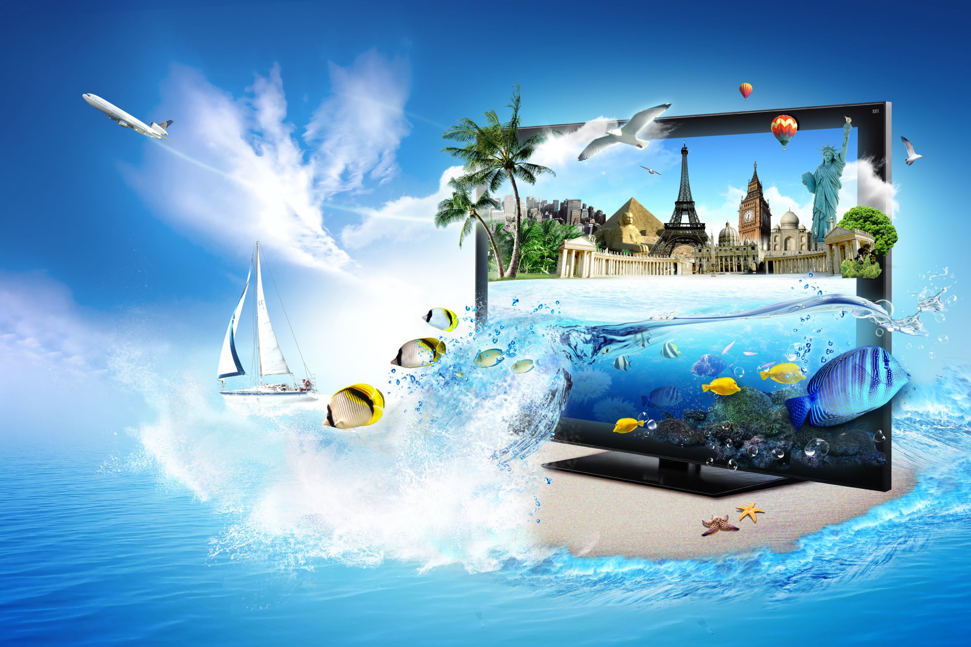 monitor gulls fish palm sea plane eiffel tower statue of liberty pyramid yacht taj mahal big ben