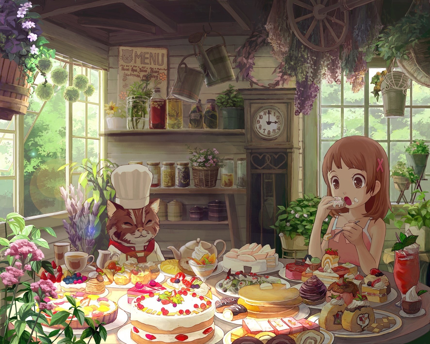 weet tooth kitty chef food flowers meal cartoon girl feast room interior sweets the tea party watch big eyes windows drawings girls face eyes animals cat