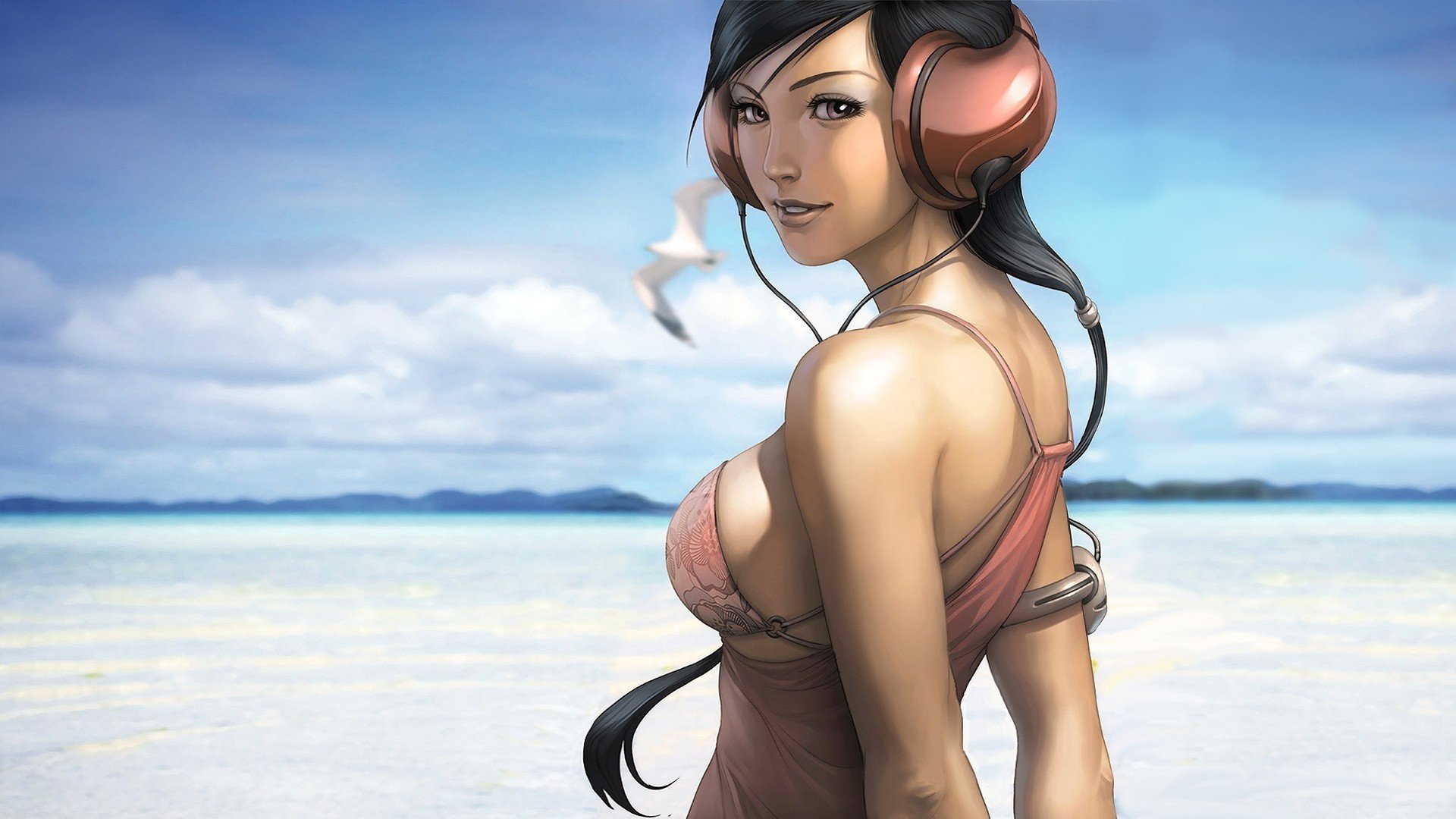 figura chica auriculares mar nubes cielo anime pájaros gaviota verano vacaciones dibujos chicas-a cara-a ojos-a sonrisa - a pecho-a