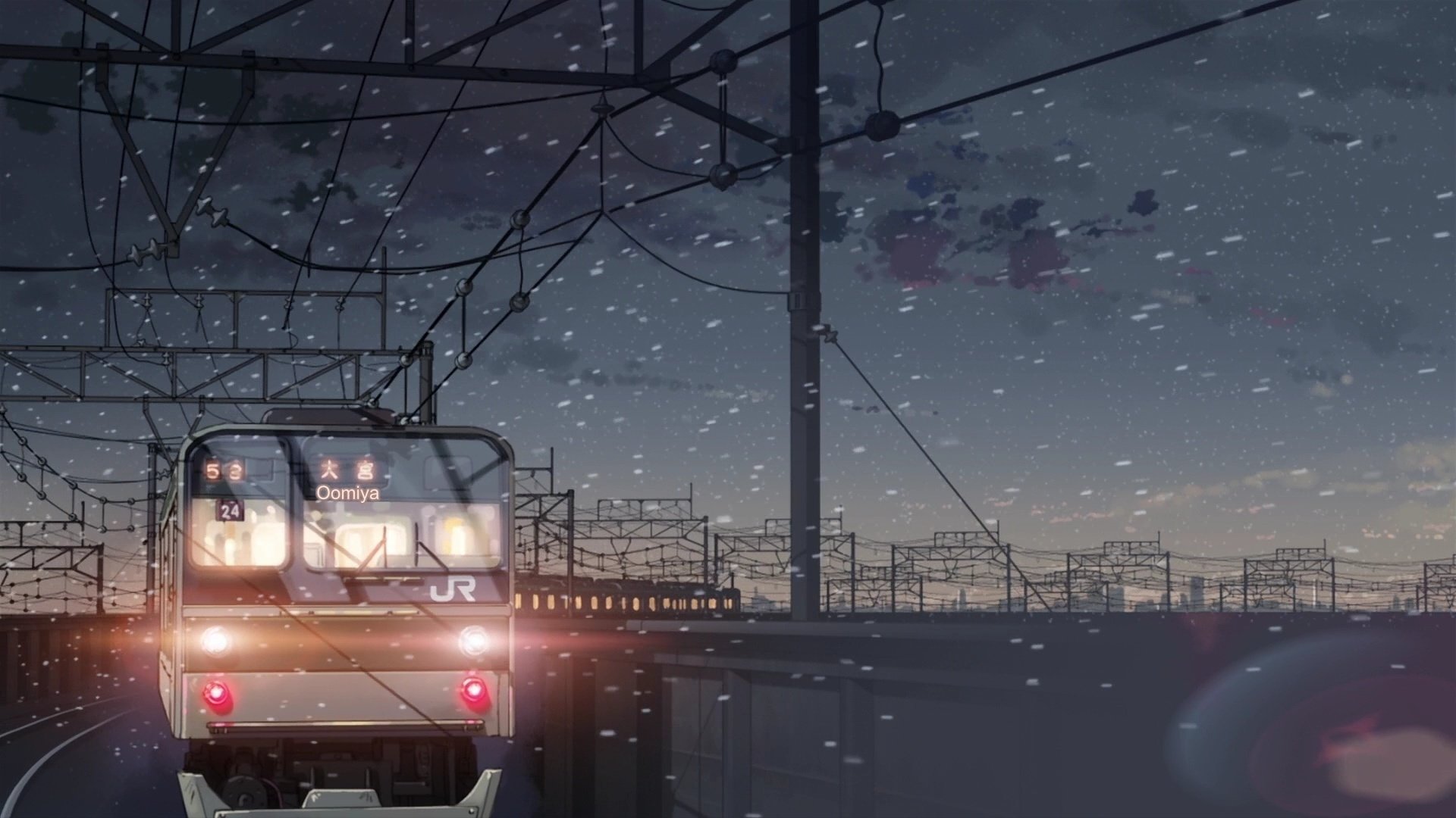 light snow train silence calm wire light transport night drawing