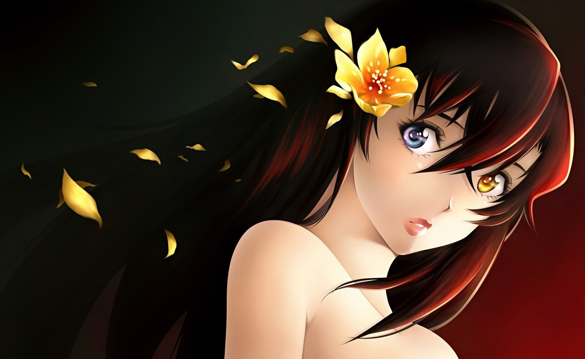 ragazza fiore tra i capelli occhi diversi disegni anime occhi ragazze-a faccia-a occhi-a ritratto-a