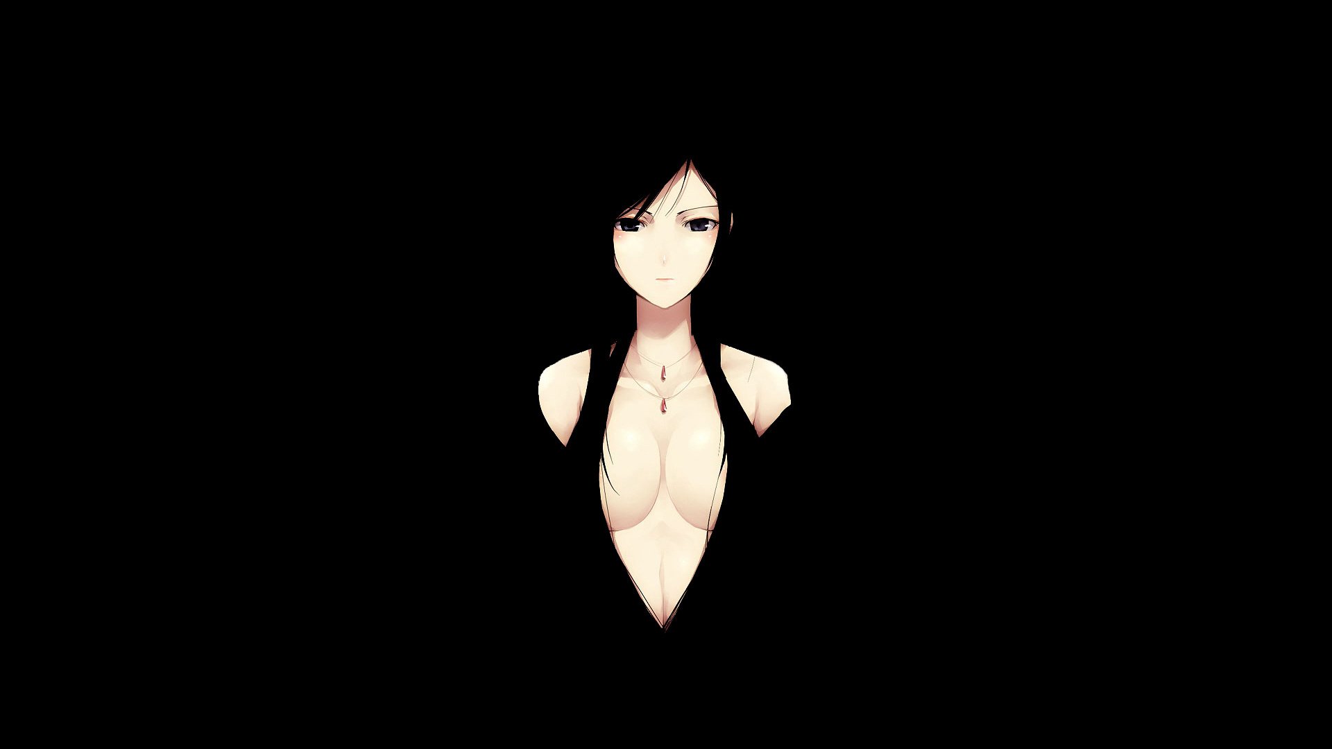 open chest minimalism secret black dress alluring look simplicity style black background anime girl figure skin dress neckline woman darkness mystery decoration white black color black eyes chest girls-a face-a eyes-a