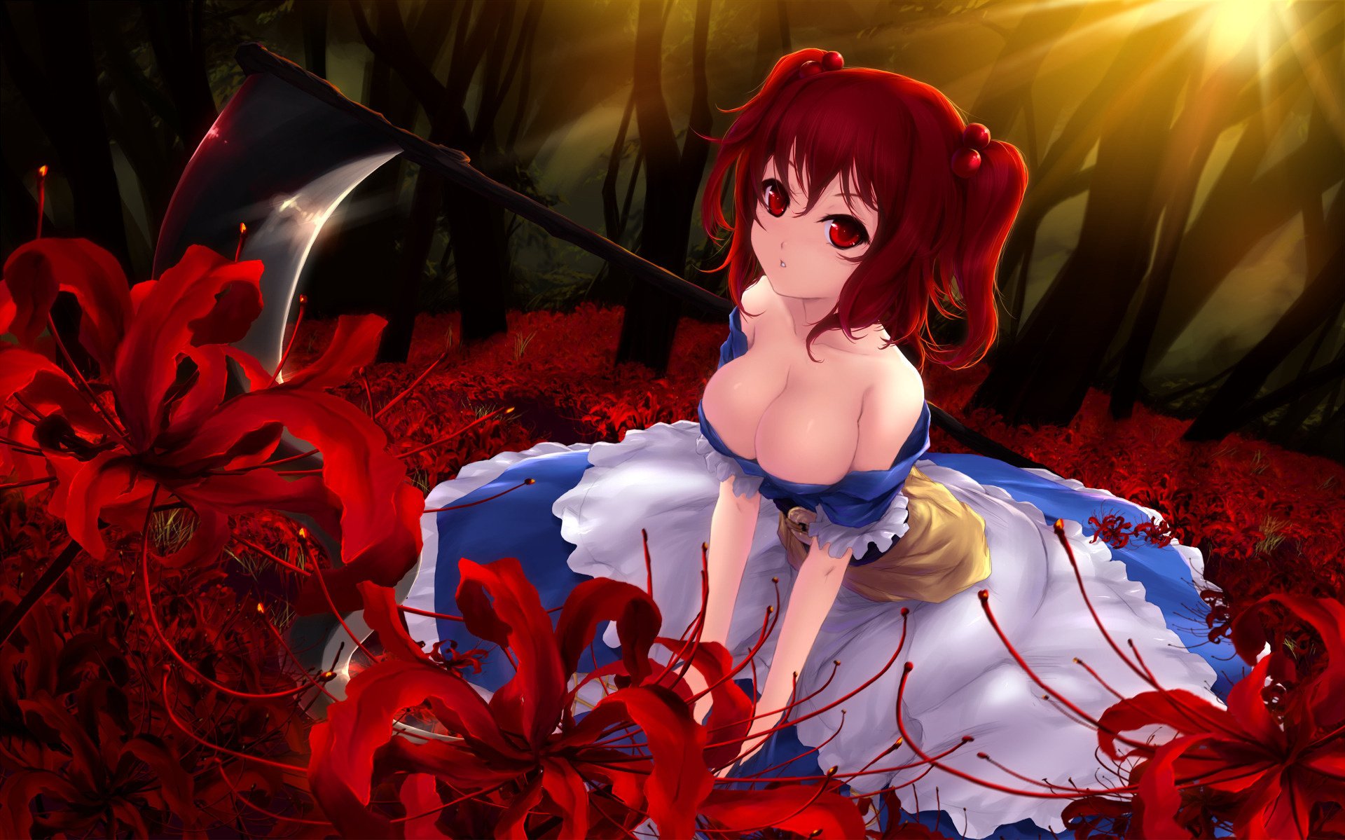 girl in a blue dress red flowers threat eyes breasts drawings girls-a face-a eyes-a chest-a