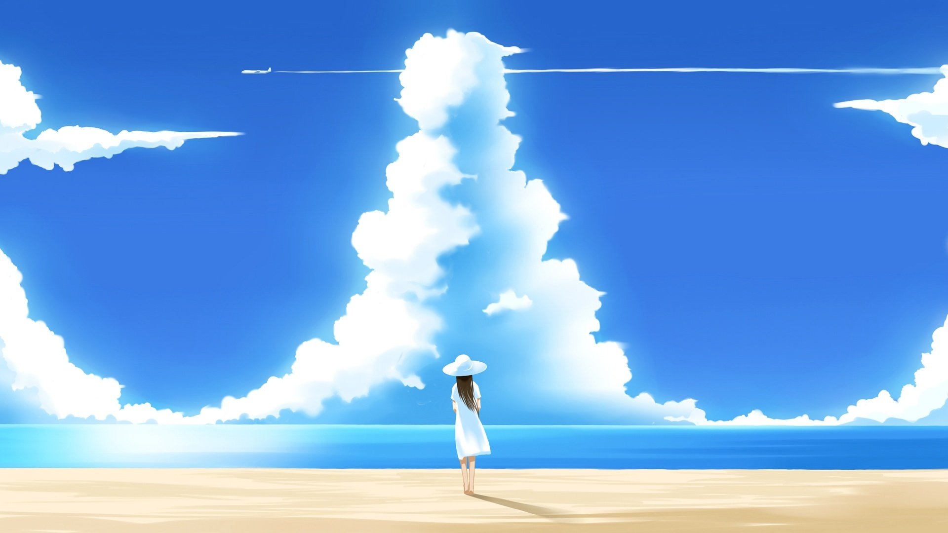 babe pensif été ciel bleu nuages plage sable eau mer pensée avion dessins filles