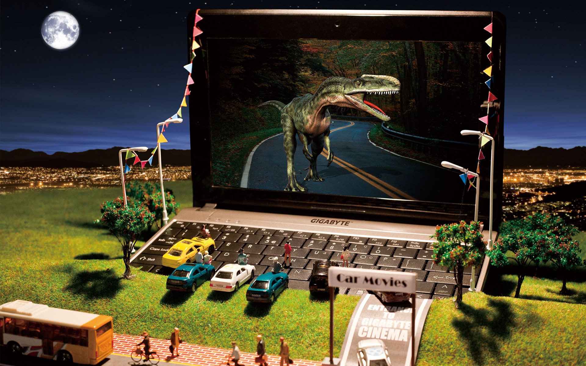 gigabyte miniature cinéma voitures modelki dinosaure colline ville jouets lumières ordinateur portable netbook