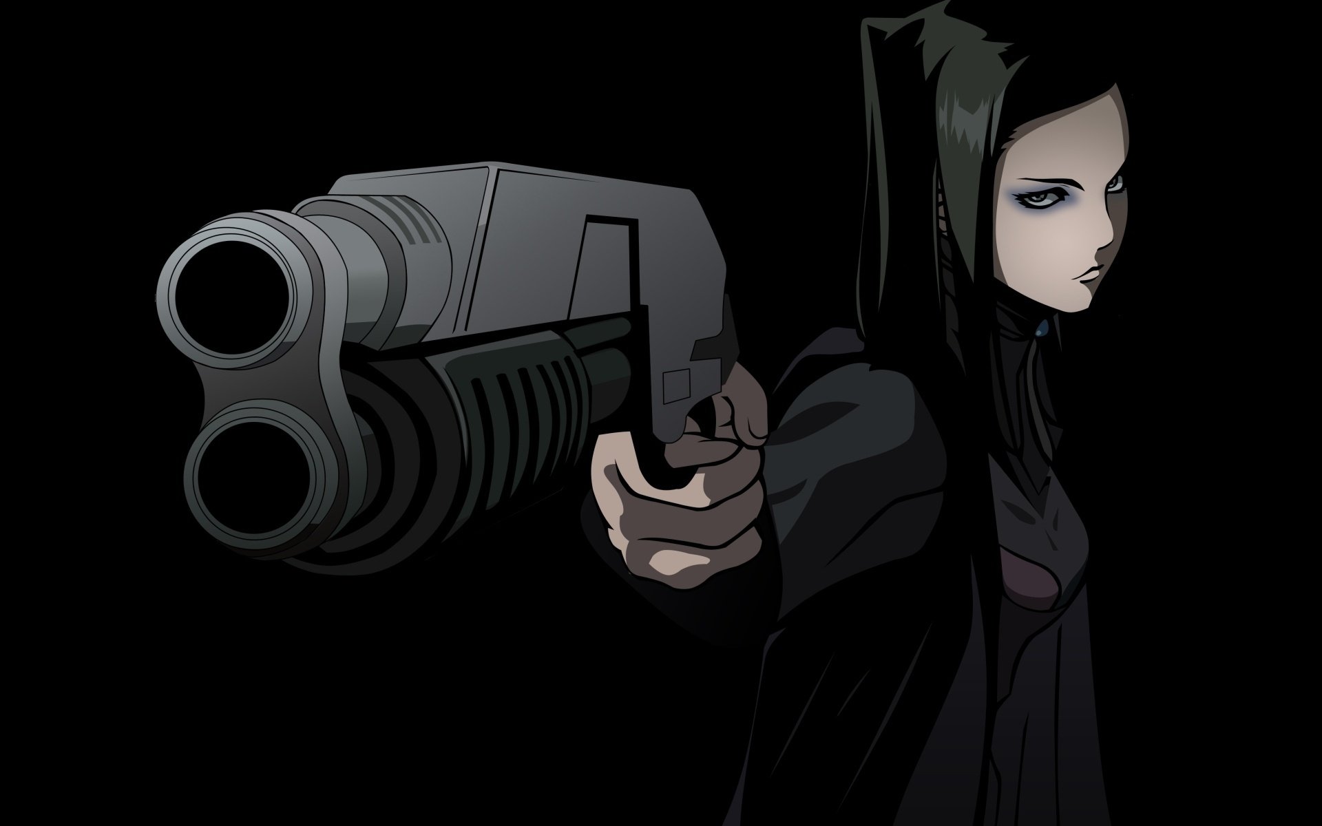 ergo proxy oscuridad chica de negro pistola noche hocico tiro anime chica ametralladora chicas-a cara-a ojos-a dibujos tirador-a