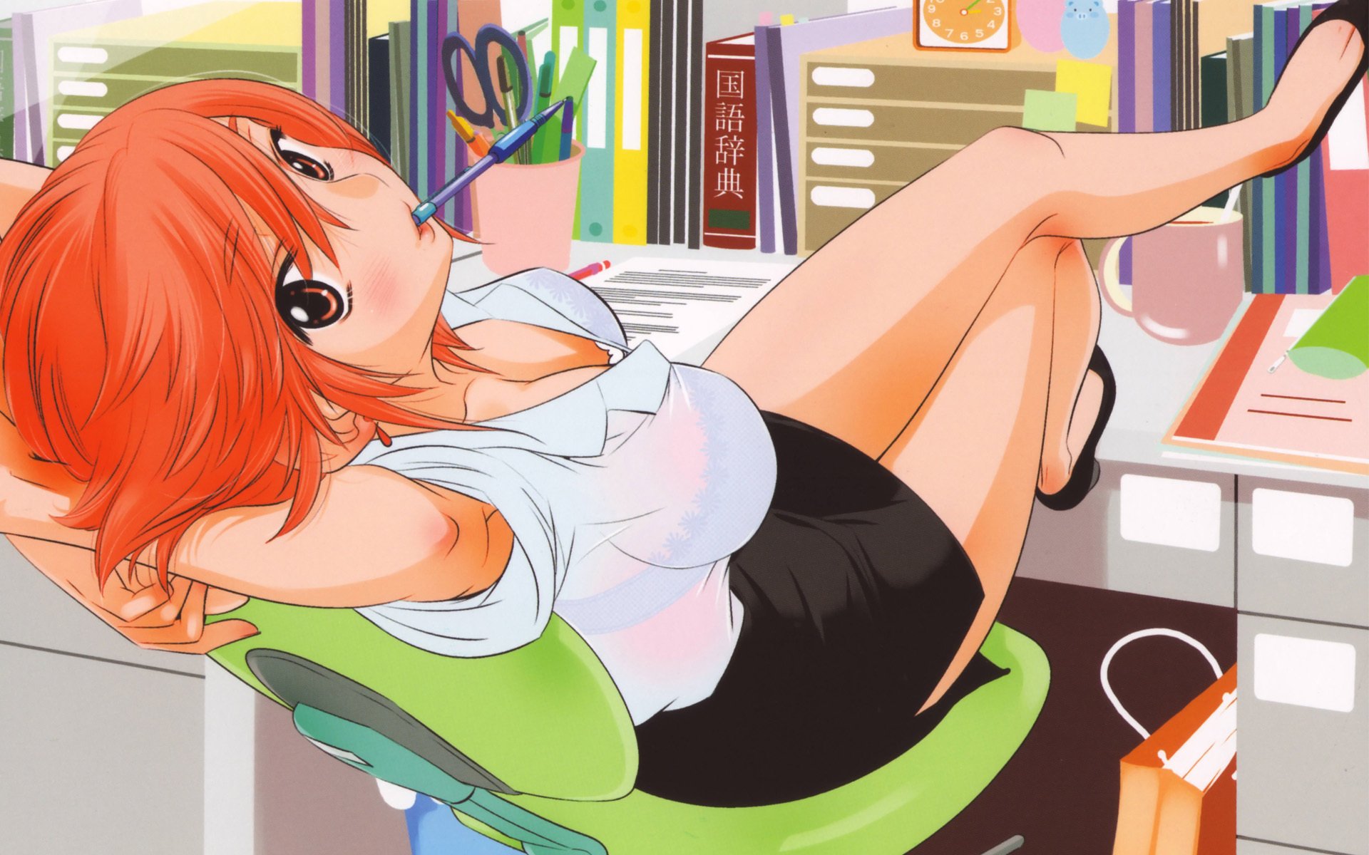 office worker formal attire girl pose redhead desk pen bust chest books office girls-a face-a eyes-a chest-a drawings-a drawing