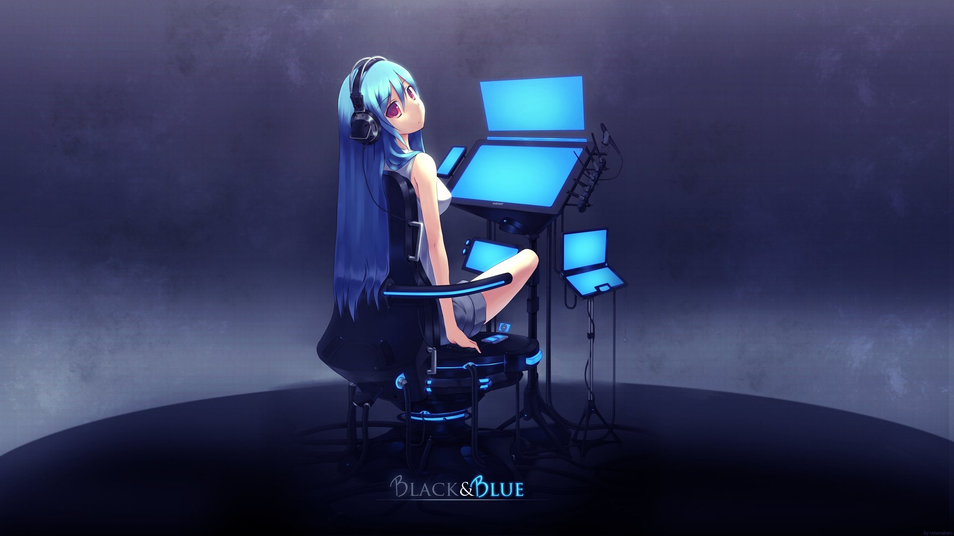 girl at the computer blue hair headphones girls drawings girls-a face-a eyes-a