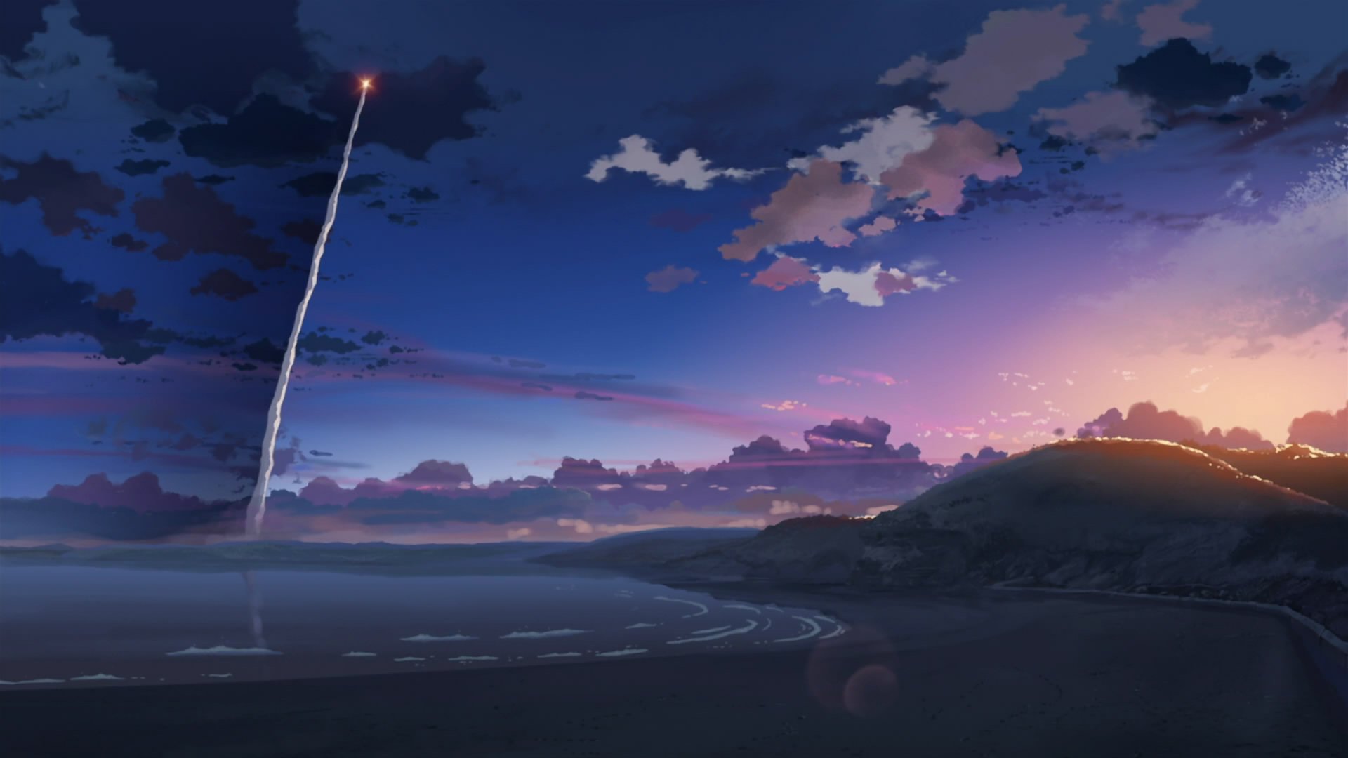 eashore mountains rocket drawings sky night clouds anime cartoon shore water-a sky-a