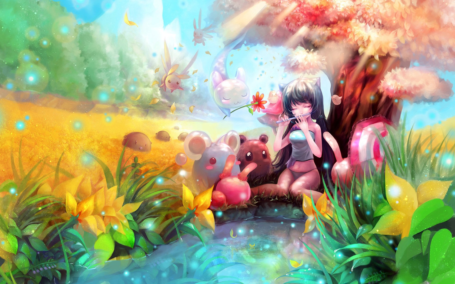 pring mood playing on the snot flowers pipe girl summer nature flowering flower pond pond anime creatures drawings girls-a face-a eyes-a