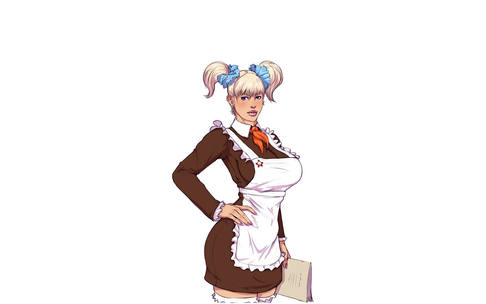 uniforme de sovetsky écolière arcs fond fond blanc seins gros seins cravate icône queues de cheval frange blonde regard femmes-a dessins blondes-a