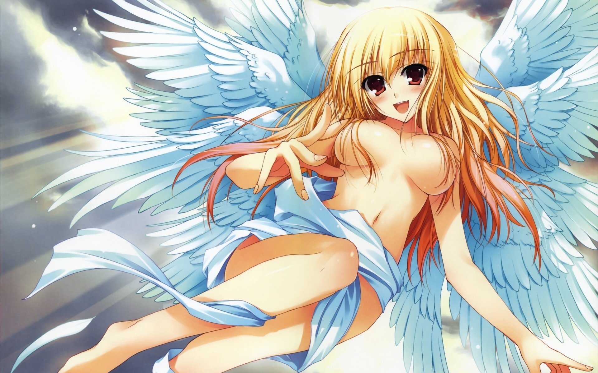 ciel ailes beauté délicate anime cheveux sourire seins rayons dessins érotique grands yeux blonde filles-a visage-a yeux-a seins-a érotique-a sourire-a ange