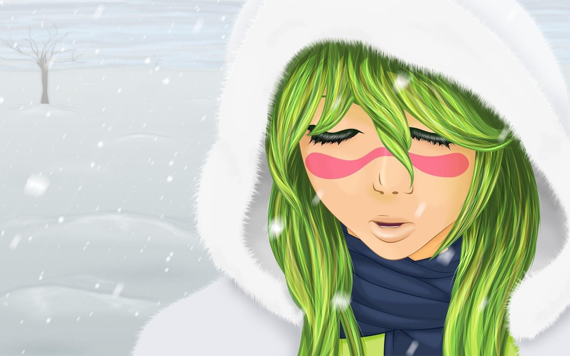 hiver manteau de fourrure blanc cheveux verts neige fille capuche filles-a visage-a dessins