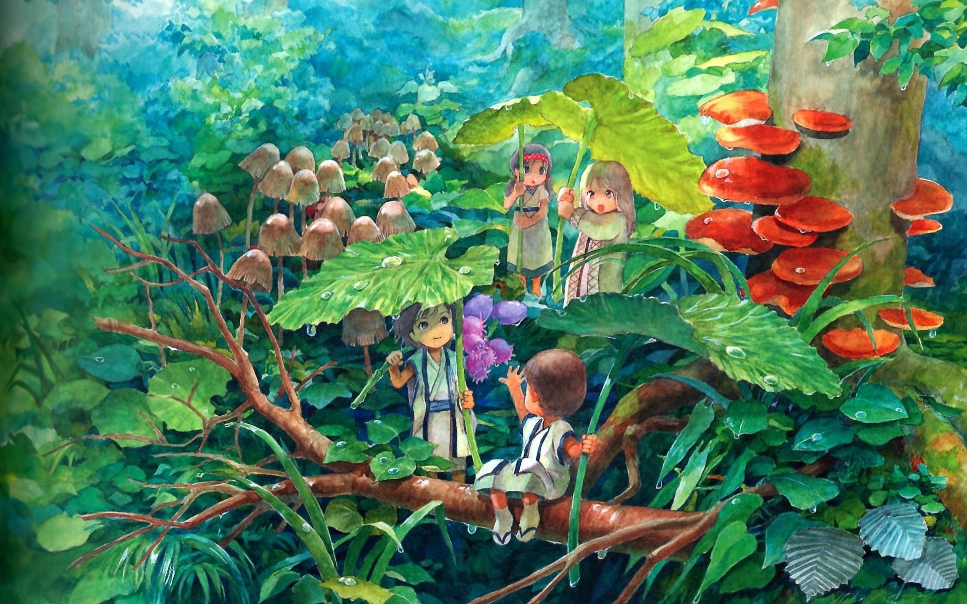 little men figure childhood mushrooms thickets jungle children greens drops rosa leaves trunk