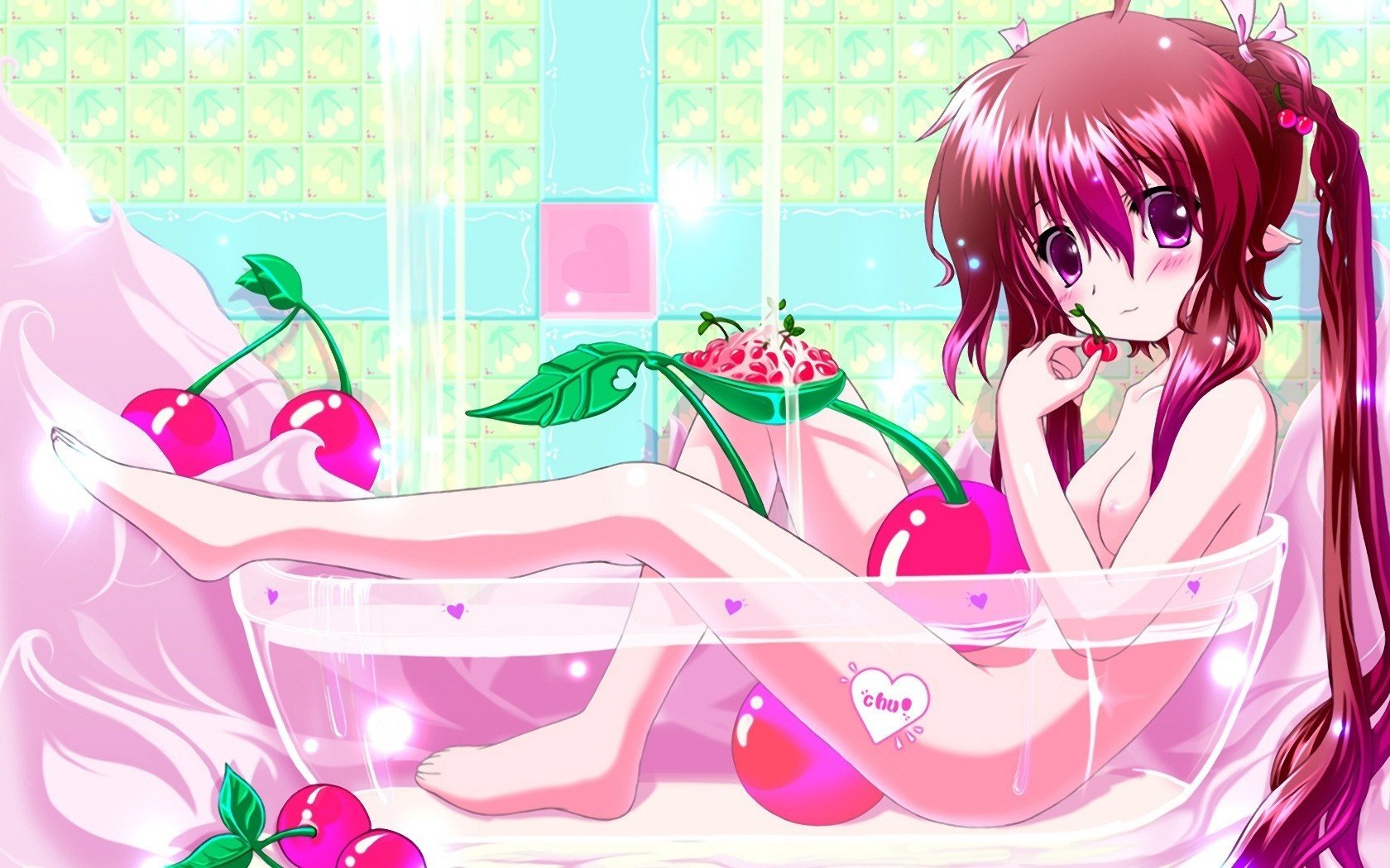 fruity beauty cherry hair color bath cherry berries girl naked pink drawings big eyes girls face eye