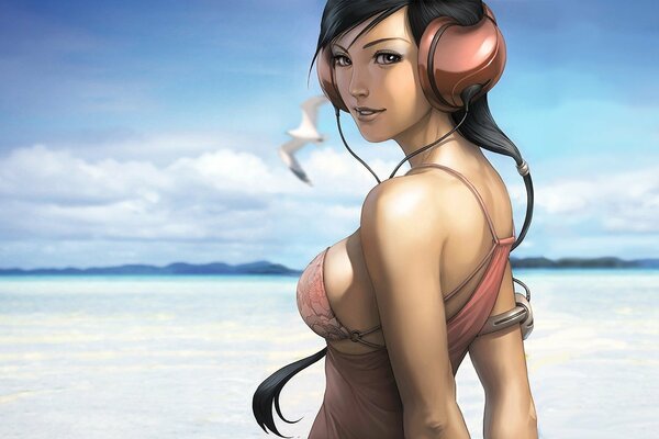 Chica de Anime en auriculares en la playa