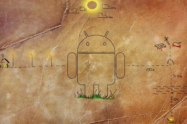 Android and golden apple art in the style of Japanese engravings