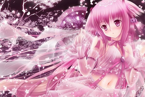 Figura chica con el pelo rosa y los ojos en el estilo de anime