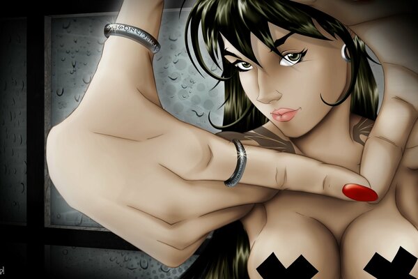 A girl with bare breasts, dark hair shows her manicure