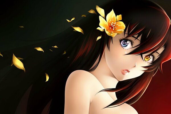 A girl with different eyes, a flower in her hair