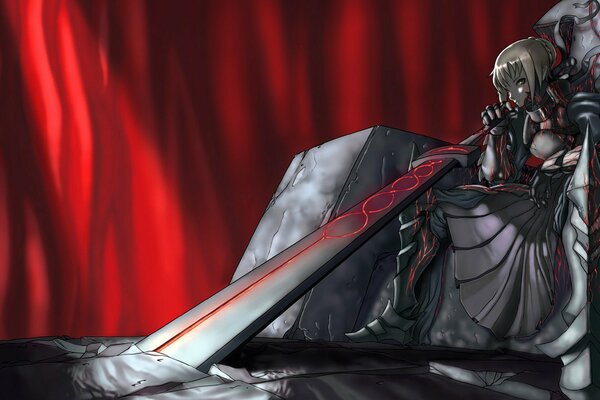 Silver sword on a red cloth background